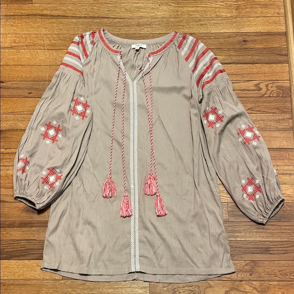 Tan Dress With Red And White Design